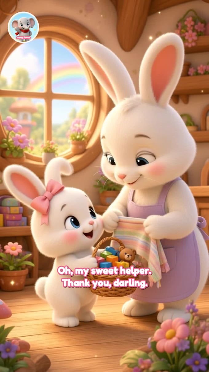 Happy Toons cartoon: a little bunny helping her mum, saying 'Oh, my sweet helper. Thank you, darling.'